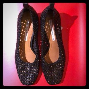 Black, woven leather block heels, never worn.